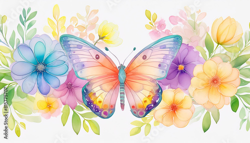 Watercolor illustration of butterfly surrounded by flowers. Floral composition. Beautiful artwork