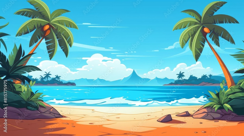 Tropical paradise beach with swaying palm trees lining the soft sand beneath a bright summer sky