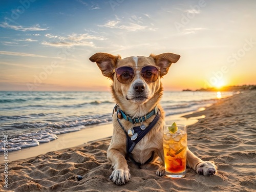 close up silhouette portrait a Cute dog resting at sea beach with cold cocktail in sunset, shooting by super wide angle lens 16mm, in short distance. Summer vacation holiday concept photo