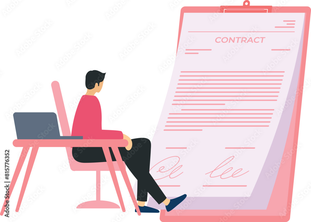 The boy is reading the contract document.