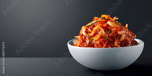 Stir-fried dried kuruma shrimp in a bowl on grey background  photo