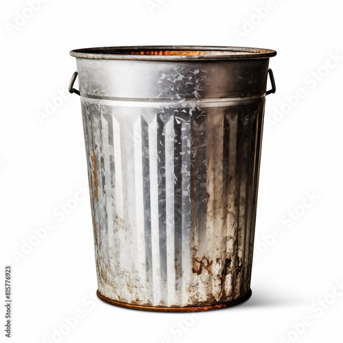Rustic metal trash can isolated on white background