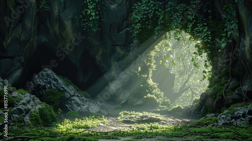Hidden cave entrance  covered in moss and vines  dappled sunlight  magical atmosphere realistic