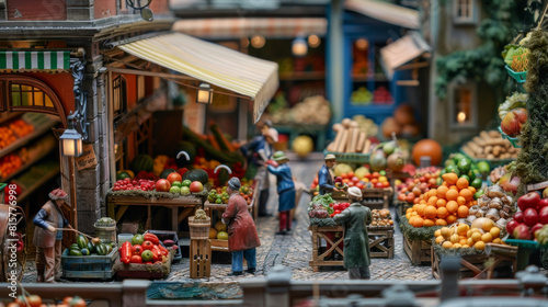 A detailed miniature market scene with vendors selling photo