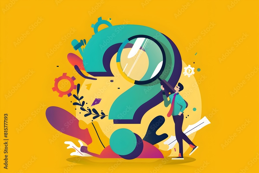 Fototapeta premium Minimalist Illustration of Problem Analysis with Businessman Analyzing Question Mark Using Magnifying Glass in Flat Vector Style