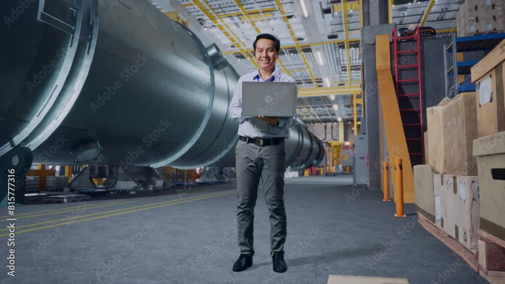 Full Body Of An Asian Male Professional Worker Standing With His Laptop At The Pipe Manufacturing Factory , He Is Looking At The Camera With A Smile Full Body Of An Asian Male Professional Worker Standing With His Laptop At The Pipe Manufacturing Factory , He Is Looking At The Camera With A Smile