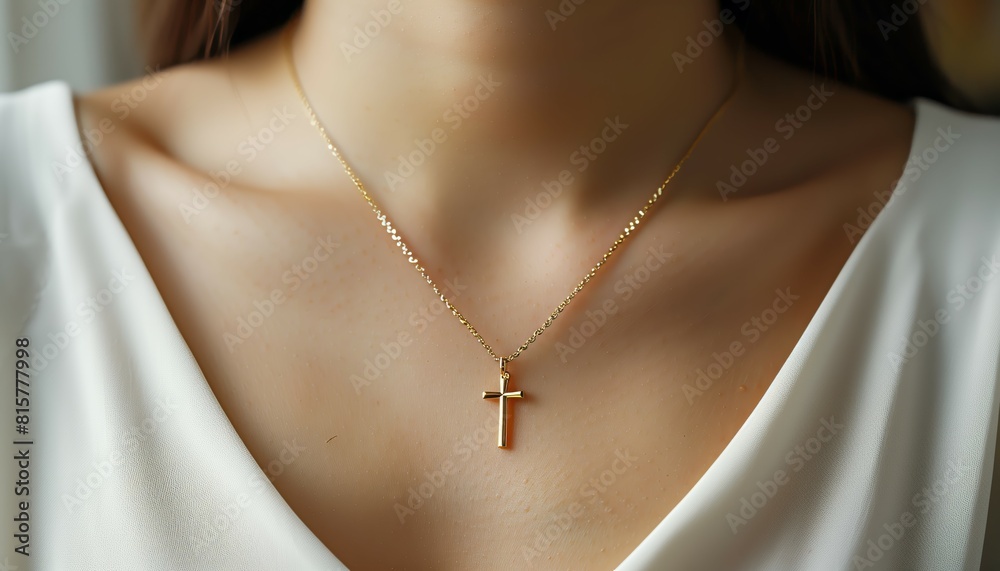 Close-up of a delicate gold cross necklace resting gracefully on a woman's neck, set against a white blouse.