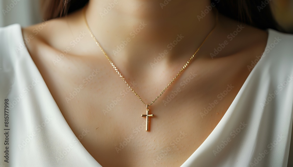 Close-up of a delicate gold cross necklace resting gracefully on a woman's neck, set against a white blouse. Close-up of a delicate gold cross necklace resting gracefully on a woman's neck, set against a white blouse.