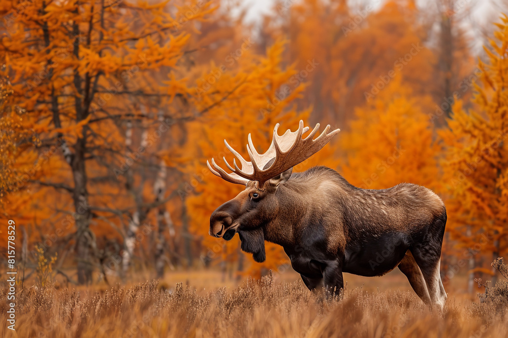 Bull Moose with Antlers Amidst Vibrant Autumn Colors Bull Moose with Antlers Amidst Vibrant Autumn Colors