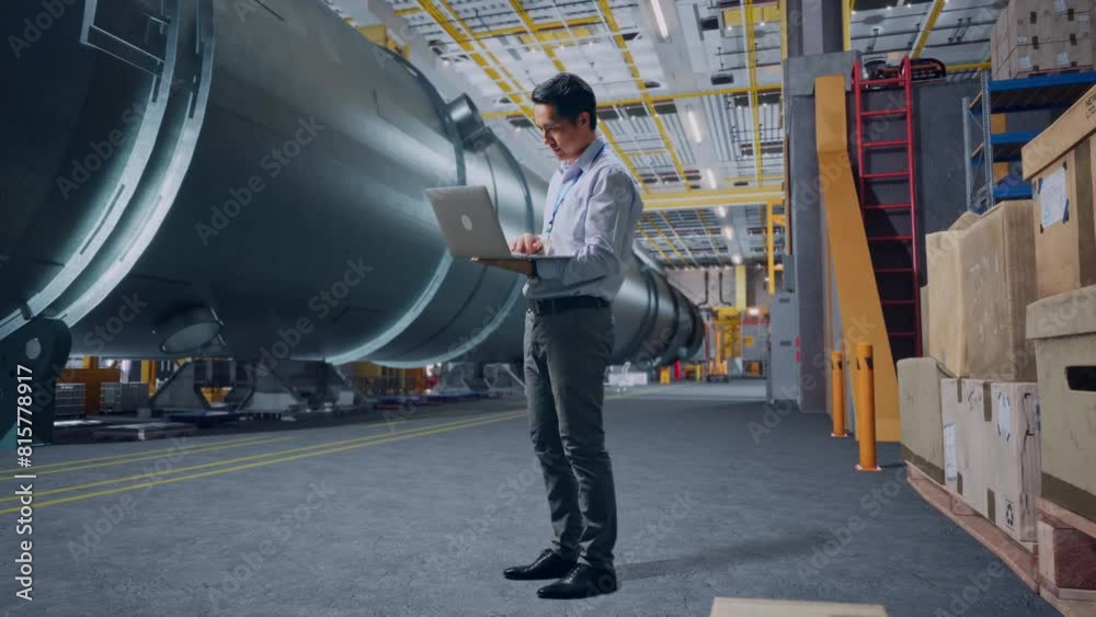Full Body Side View Of An Asian Male Professional Worker Standing With His Laptop At The Pipe Manufacturing Factory , Typing On His Laptop'S Keybaord With Meditation Full Body Side View Of An Asian Male Professional Worker Standing With His Laptop At The Pipe Manufacturing Factory , Typing On His Laptop'S Keybaord With Meditation
