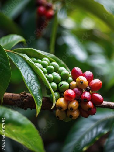 From Farm to Cup, Gayo and Coffee Beans Close-Up on Green Leaf, Cultivation Estate. photo