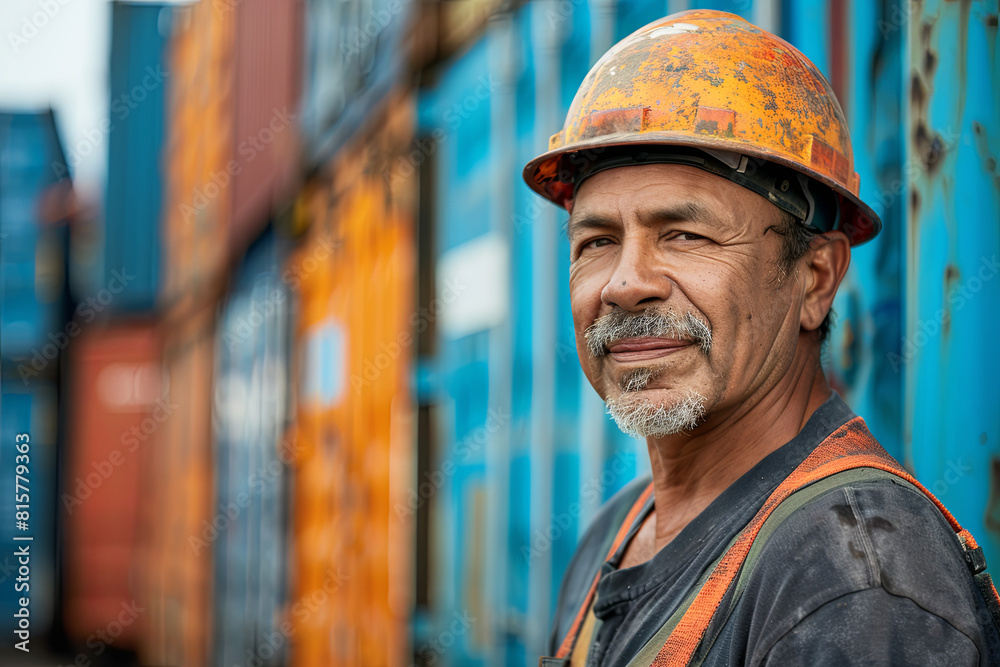 Candid portrait of a dock worker outside a lively port warehouse, capturing the authentic essence of blue-collar industry and the spirit of global trade and shipping Candid portrait of a dock worker outside a lively port warehouse, capturing the authentic essence of blue-collar industry and the spirit of global trade and shipping
