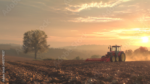 sunrise over the field and tractor