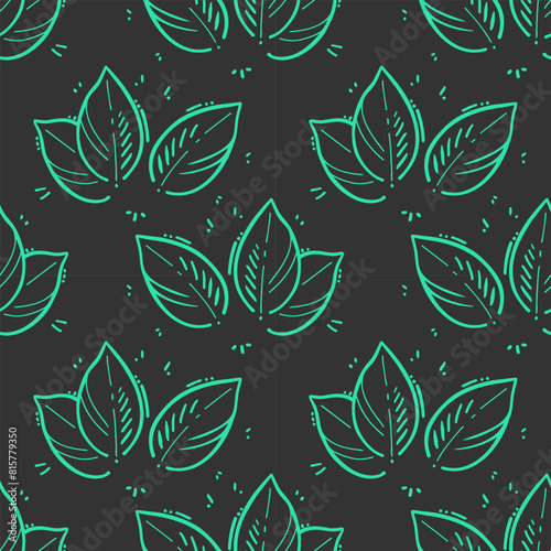 Pattern mint leaves stylized doodle contour drawing, on dark background.