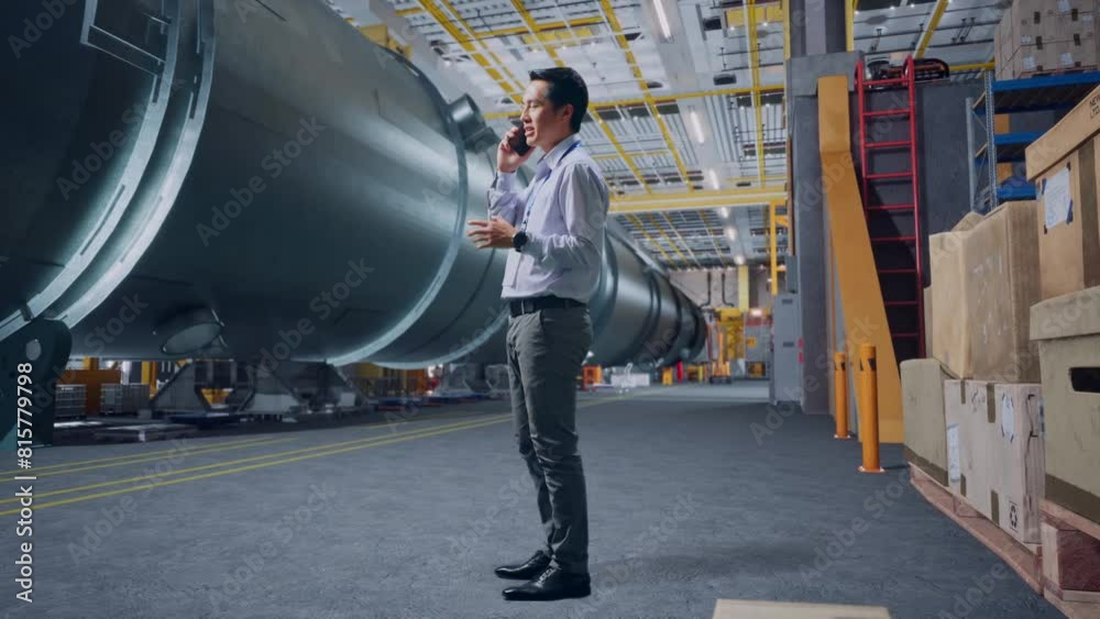 Full Body Side View Of An Asian Male Professional Worker Standing At Center Infront Of The Pipe Manufacturing Factory , He Is Speaking With Someone In The Phone And Moving His Left Hand Full Body Side View Of An Asian Male Professional Worker Standing At Center Infront Of The Pipe Manufacturing Factory , He Is Speaking With Someone In The Phone And Moving His Left Hand
