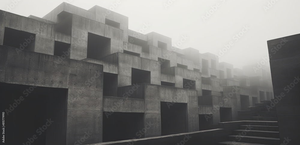 Fototapeta premium Misty Monolith: Gray Cube Block Building Amidst a Foggy Sky Background