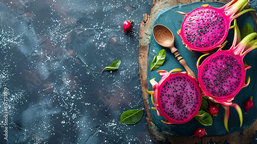 Board with tasty dragon fruit and spoon on dark background