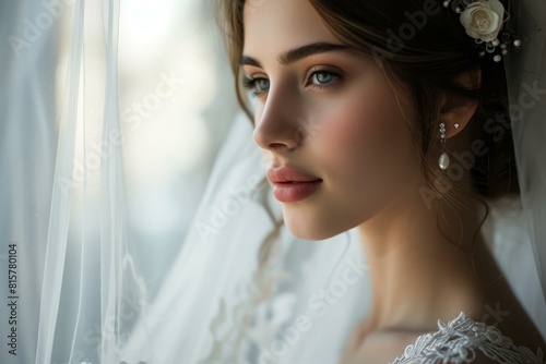 Close-up of a graceful bride with delicate makeup, gazing softly beside a window photo