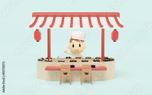 Japanese restaurant with sushi on conveyor belt isolated on blue background. 3d render illustration