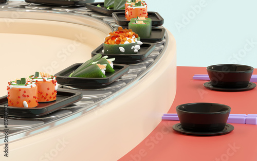 Japanese restaurant with sushi on conveyor belt isolated on blue background. 3d render illustration