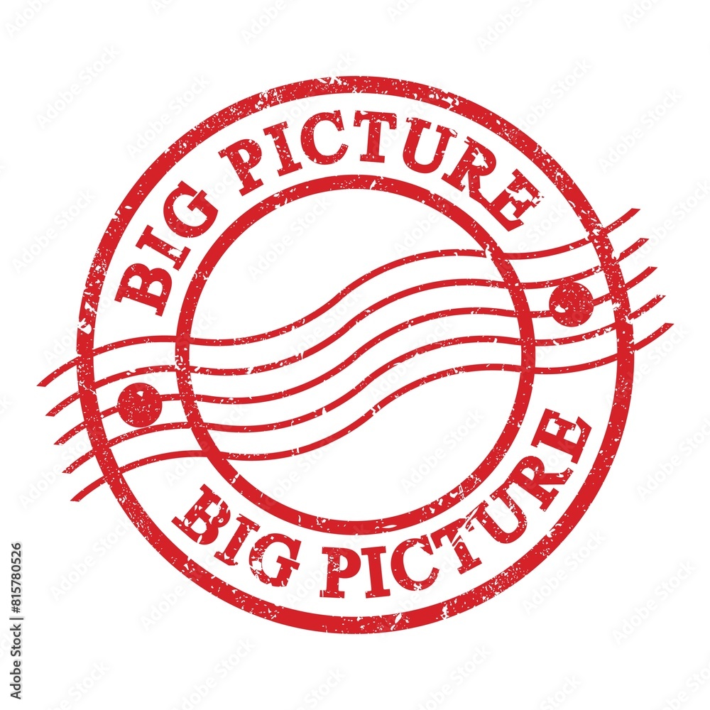 BIG PICTURE, text written on red postal stamp. BIG PICTURE, text written on red postal stamp.