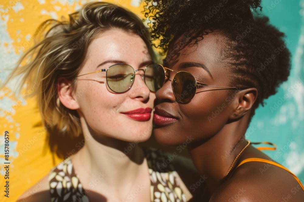 Obraz premium Lesbian couple smiling on pastel background. Young attractive caucasian and african american woman feeling love. Happy lesbian multiethnic couple. Ethnic friends. Freedom and pride LGBT people concept