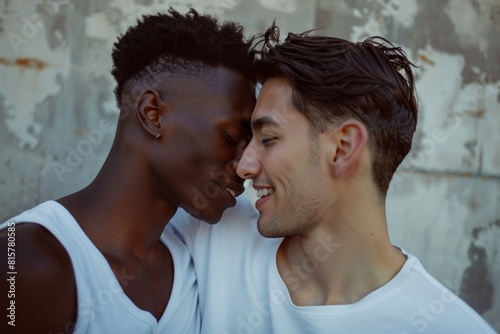 Gay couple kissing on white background. Multiethnic LGBTQ couple of homosexual men smiling and kissing. Gay lifestyle concept. Pride Month, Pride Day in June. Diversity, freedom and pride LGBT people