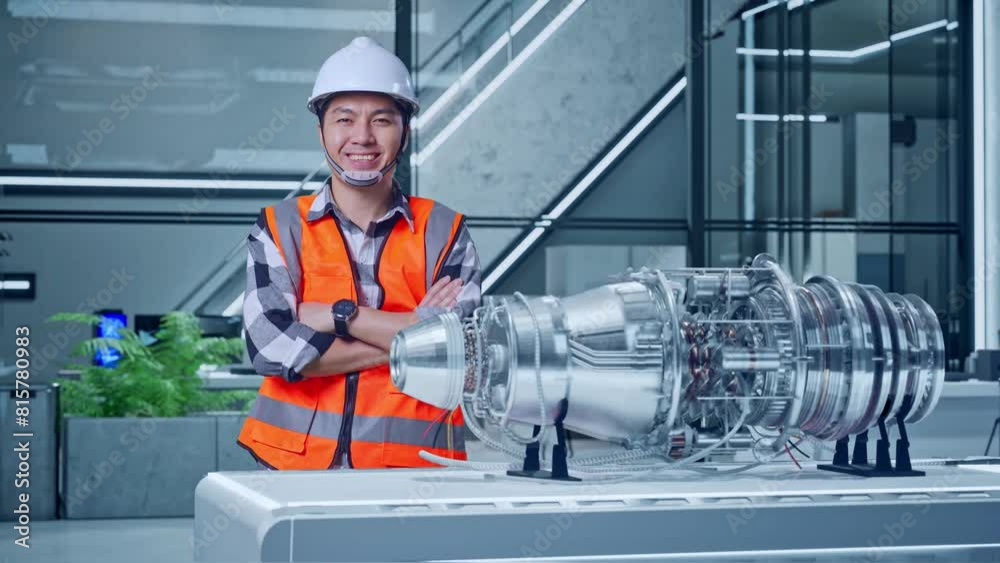 Asian Male Engineer With Safety Helmet Standing With Electric Engine for Innovative Project. Crossing His Arms And Smiling To Camera Asian Male Engineer With Safety Helmet Standing With Electric Engine for Innovative Project. Crossing His Arms And Smiling To Camera