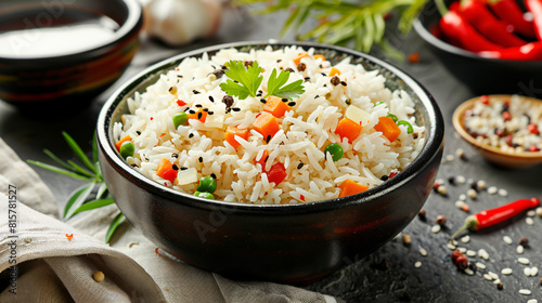 Boiled rice with vegetables in dish on color background