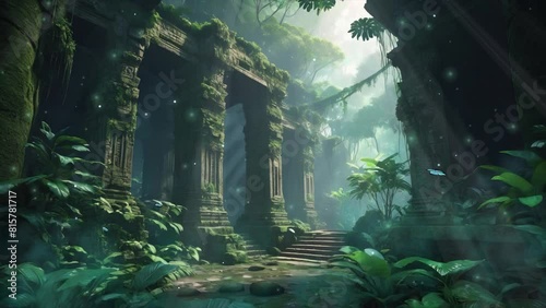 Shrouded in mystery, ancient remains within hidden forests boast walls adorned with elaborate carvings photo