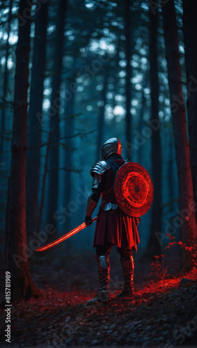 Futuristic Warrior, Backlit by a Crimson Moon in the Mysterious Night Forest © xKas