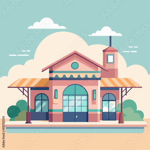 Minimalist train station building, crafted in an adorable doodle style, Generative AI