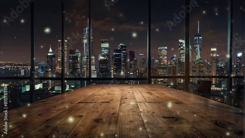 A modern wooden office desk positioned next to the window, presenting an expansive nocturnal vista of the bustling city below photo