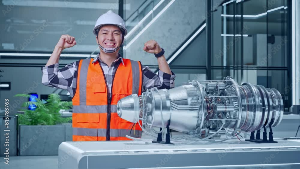 Asian Male Engineer With Safety Helmet Standing With Electric Engine for Innovative Project. Flexing His Bicep And Smiling To Camera Asian Male Engineer With Safety Helmet Standing With Electric Engine for Innovative Project. Flexing His Bicep And Smiling To Camera