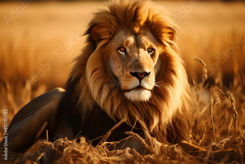 A majestic lion resting in the grasslands, with its mane blowing in the wind, symbolizing strength and power