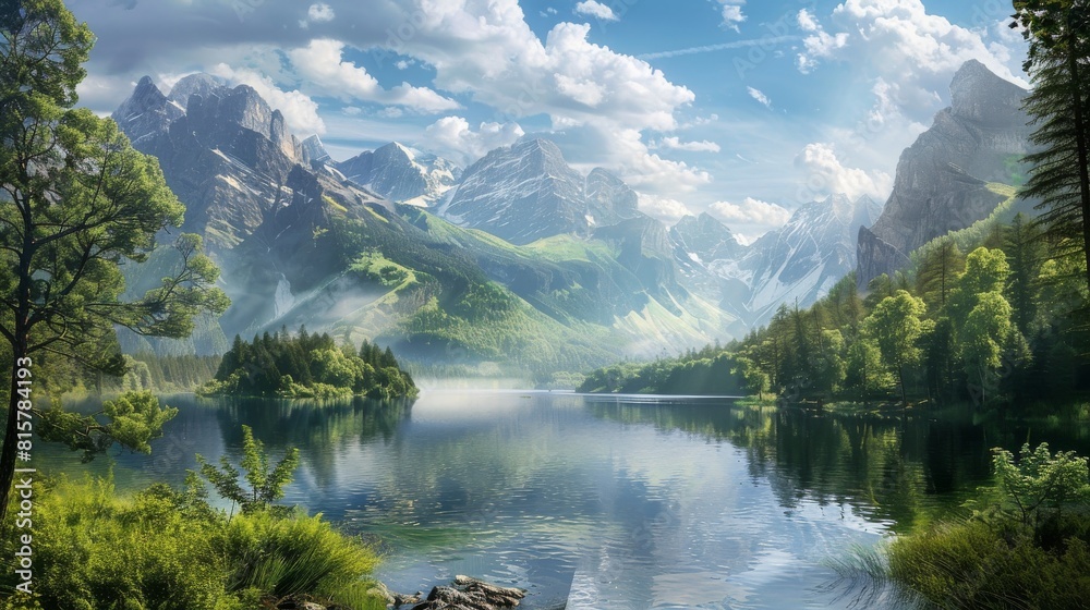 A view of a lake with trees lining the shore, and majestic mountains in the background