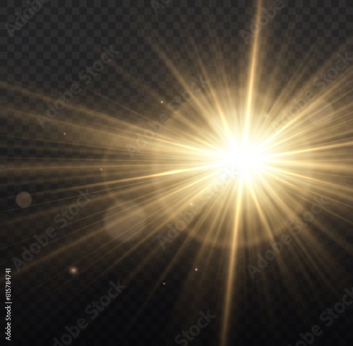 Star explosion, yellow glow lights sun rays.	
 Flash yellow sun, star flashed with sparkles. Glow bright light star, yellow sun rays, bokeh.	
