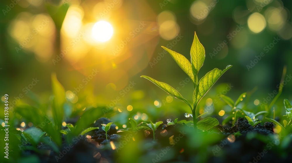 Obraz premium small green plant in green grass on soft sunlight background, environmental conservation, Earth day