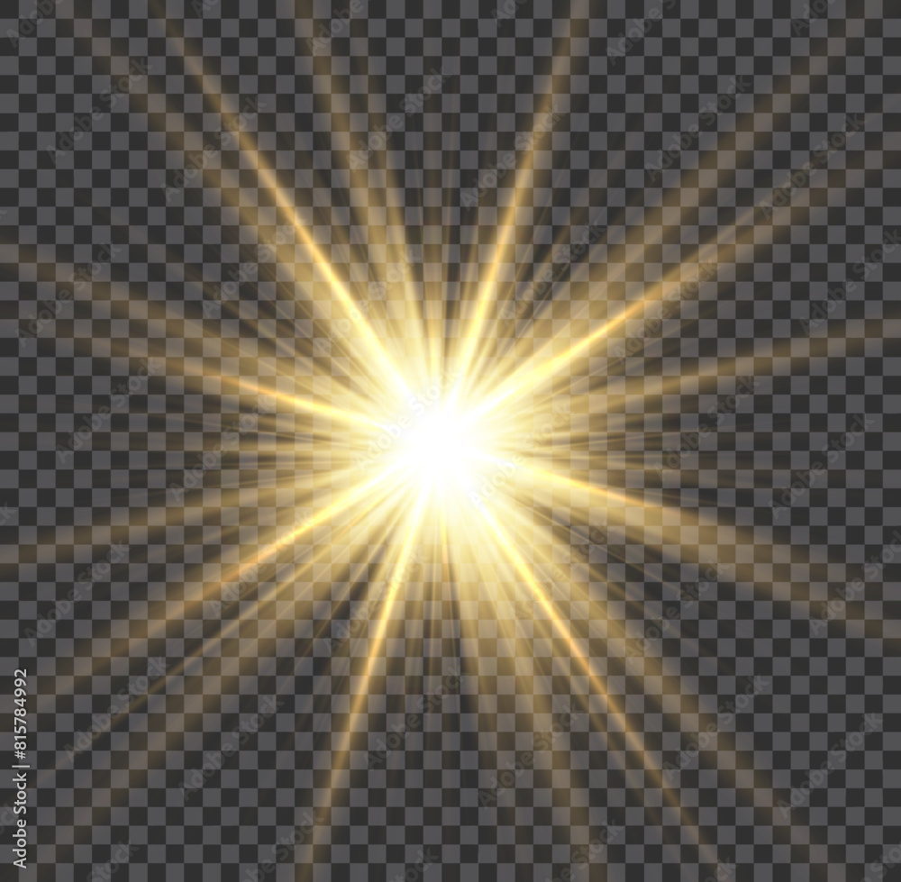 Glow light star, yellow sun rays, gold glare bokeh. Flash yellow sun, star flashed with sparkles.