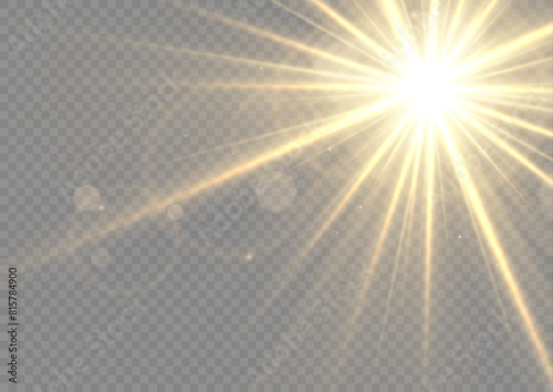 Glow light star, yellow sun rays, gold glare bokeh. Flash yellow sun, star flashed with sparkles.