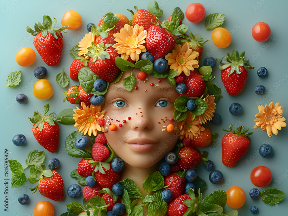 Promote Healthy Food and Fitness with a Creative,
Portrait of a young beautiful girl surrounded by fruit
