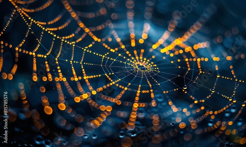 a macro photo of the center of an intricate spider web, with water droplets on it, at night, dark blue background, vibrant yellow light accents