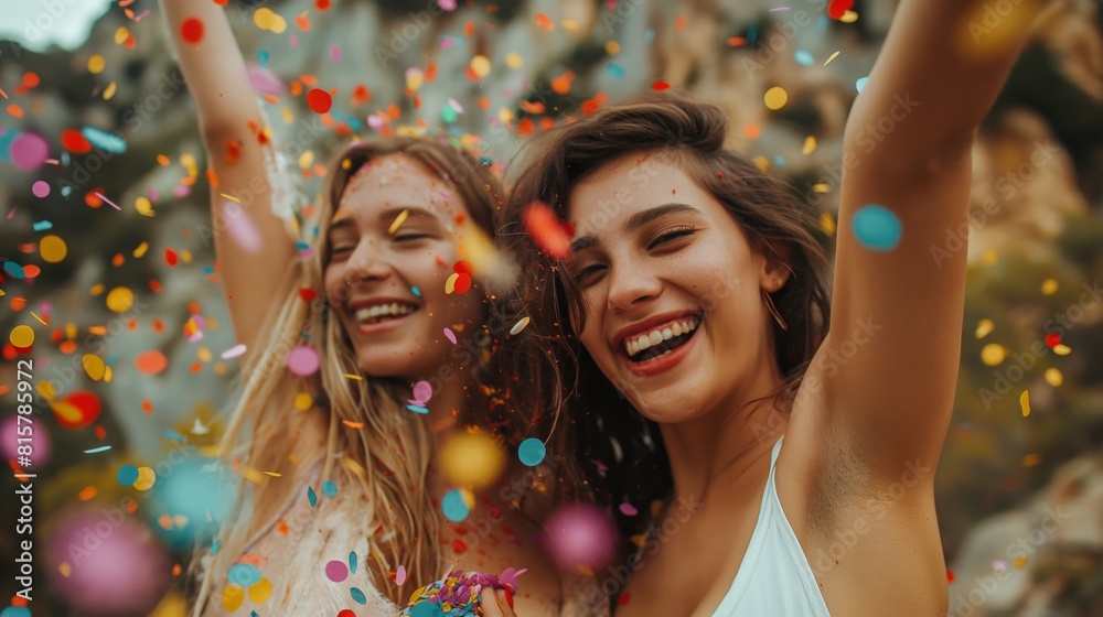 Two young woman smile celebrate with confetti long hair Caucasian female hands up happy Two young woman smile celebrate with confetti long hair Caucasian female hands up happy