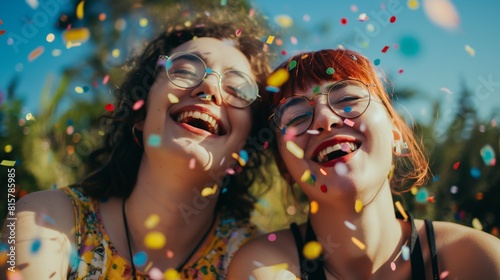 Two young woman with eyeglasses smile celebrate with confetti long hair Caucasian female hwith spectacles happy