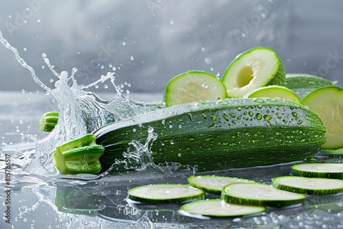 a whole zucchini courgette close up on a table  with slices on a minimal grey background