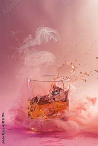 an elegant glass of wiskie surrounded by smoke air on a minimal background, cool beverage illustration atmosphere concept