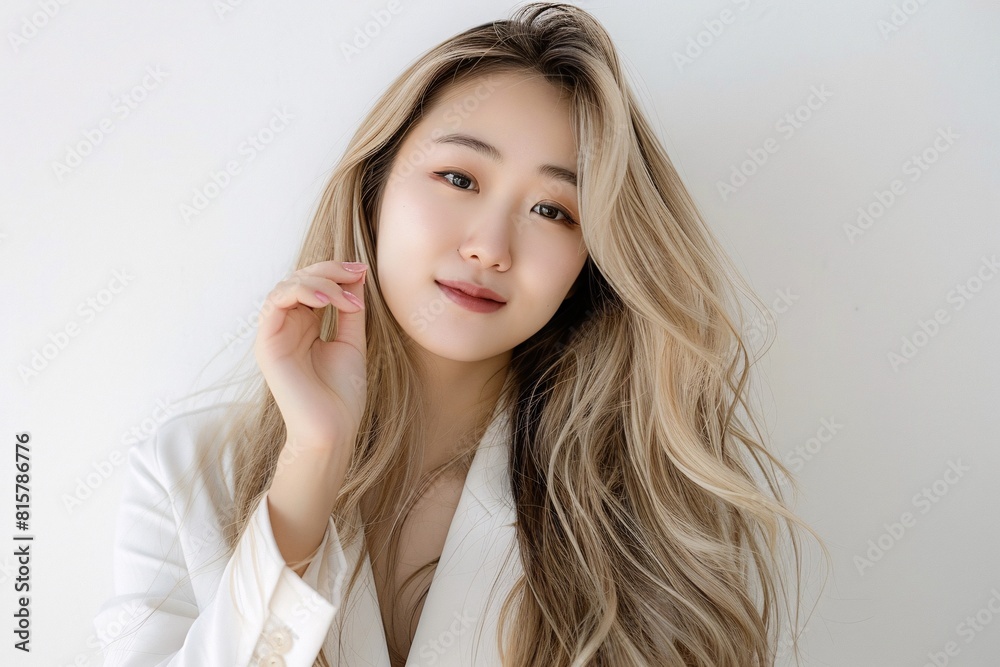 An Asian woman with long blonde hair, dressed in a white outfit, touching her face and smiling brightly against a white background, radiating confidence and warmth in a minimalist portrait An Asian woman with long blonde hair, dressed in a white outfit, touching her face and smiling brightly against a white background, radiating confidence and warmth in a minimalist portrait