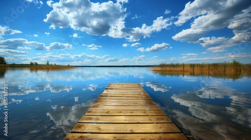A wooden dock extends over a calm lake  under a clear blue sky with fluffy white clouds