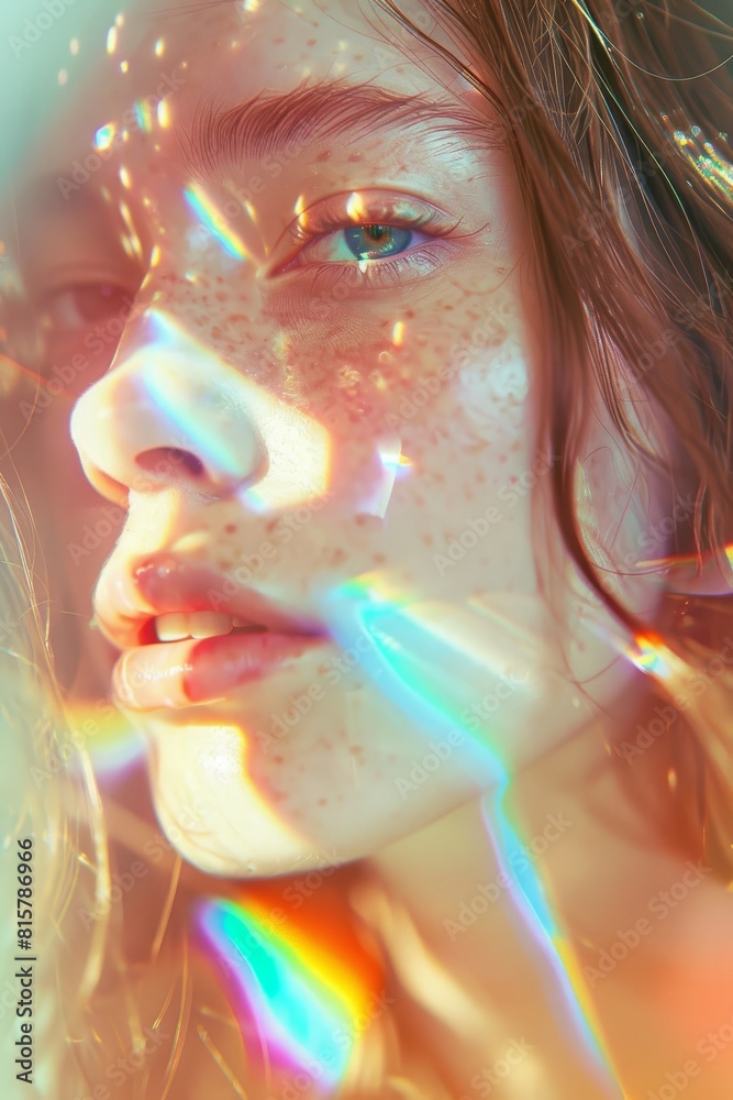 cute caucasian young girl face with blue eyes and beautiful freckles, portrait studio close up with rainbow lights on her cute caucasian young girl face with blue eyes and beautiful freckles, portrait studio close up with rainbow lights on her