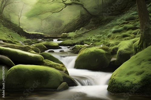 he soothing lullaby of a babbling brook flowing through a moss-covered gle photo